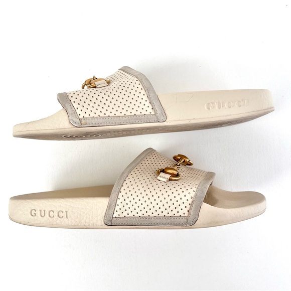 GUCCI || Horsebit Perforated Leather Rubber Sandal Slide White Ivory EU 39 US 9 - Picture 8 of 10